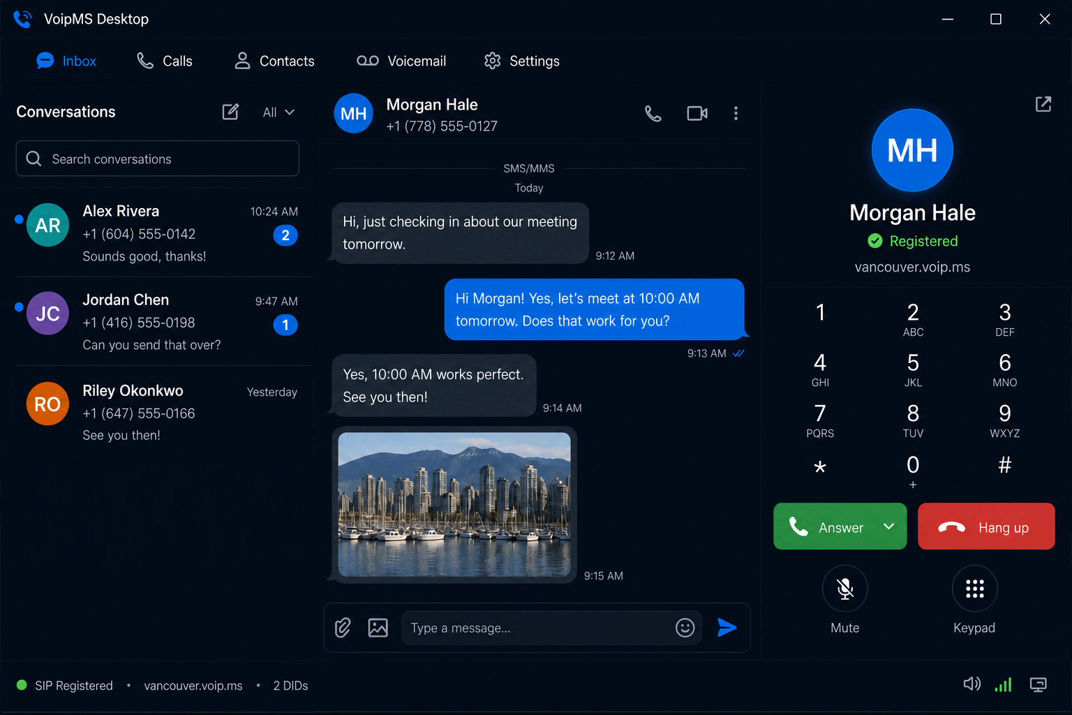 VoipMS Desktop inbox, SMS thread, and softphone